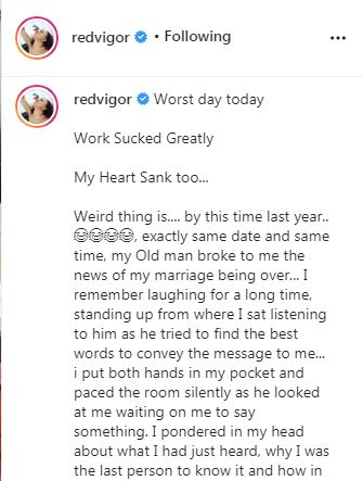 Essisi says she was the last person to find out about the marriage collapse. [Instagram/Redvigor]