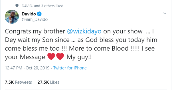 Davido congratulates Wizkid on the success of his massice music festival, 'Starboy Fest'