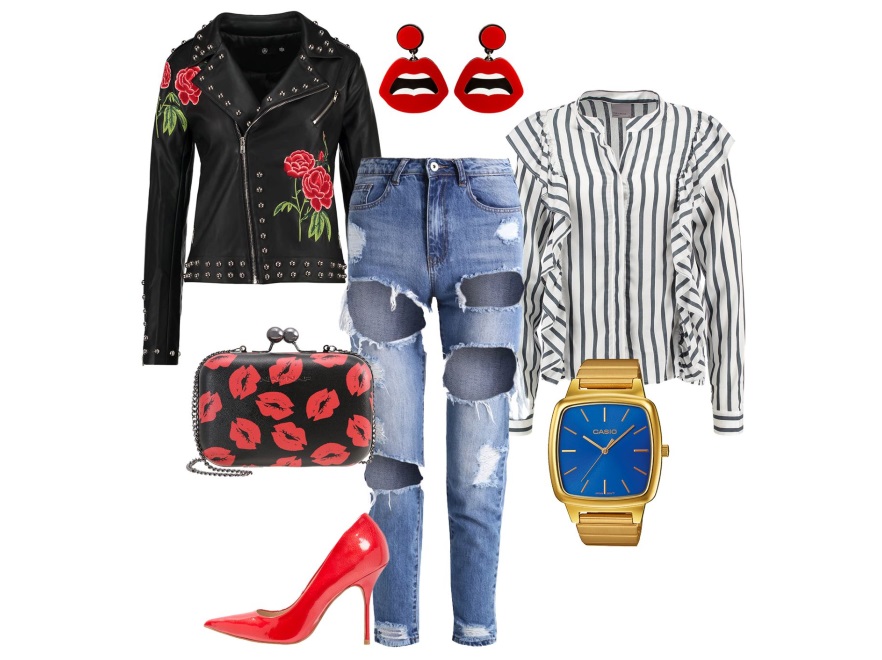 Ramoneska – Missquided 389 zł, torebka – Naf Naf 169 zł, kolczyki – Sweet Deluxe 64 zł, koszula – Vero Moda 169 zł, zegarek – Casio RETRO 485 zł, spodnie – Missquided 169 zł, buty – San Marina 389 zł.