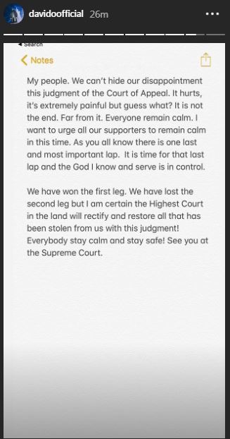 Davido shares his thoughts on his uncle's defeat at the appeal court [Instagram/DavidoOfficial]