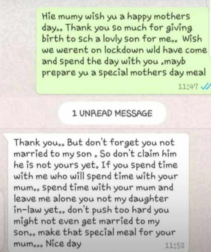 “Leave me alone, don’t push too hard” – Woman replies son’s lover who wished her happy Mothers’ Day