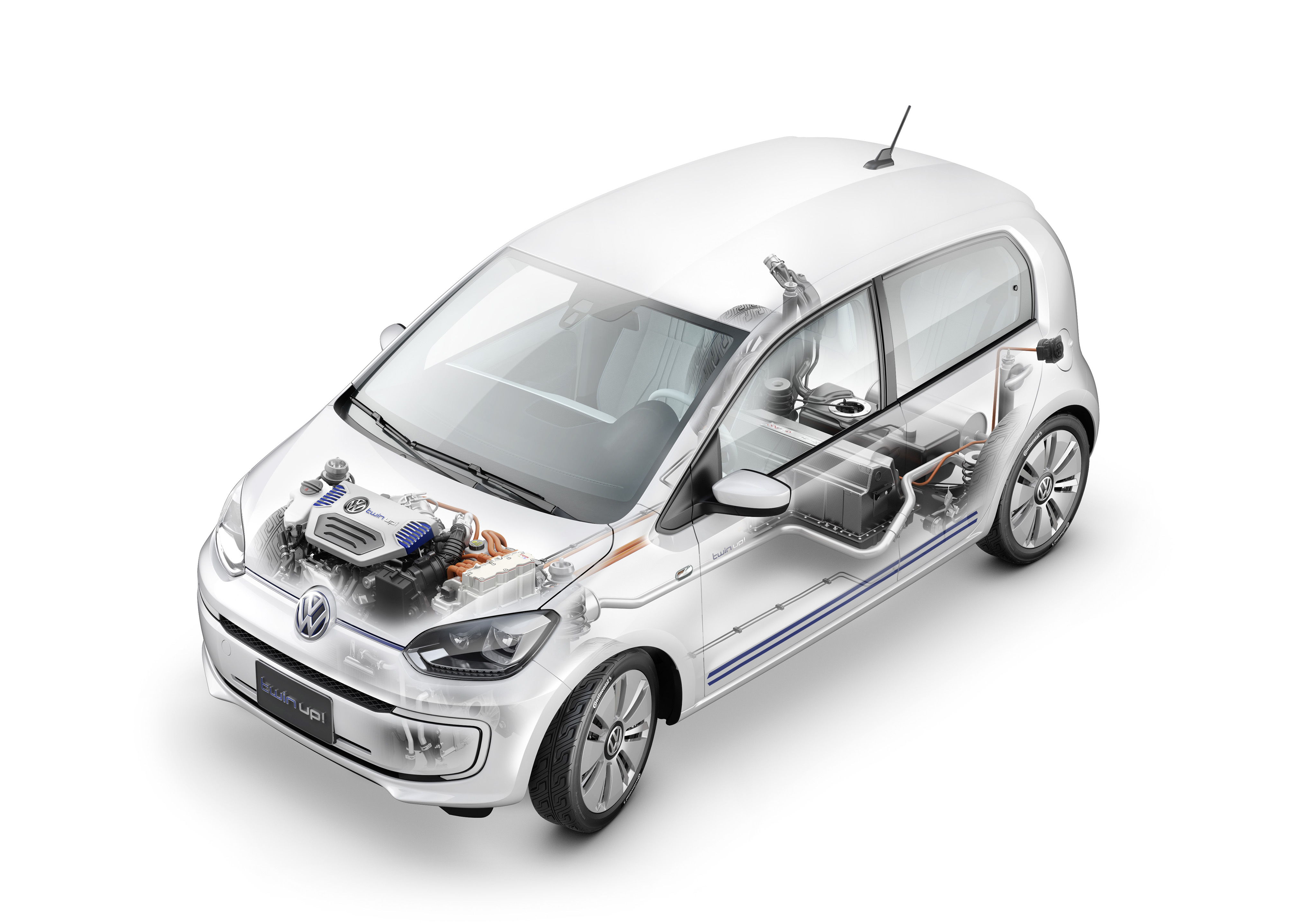 Z tyłu, pod tylną kanapą i bagażnikiem, umieszczono baterię litowo-jonową o pojemności 8,6 kWh, akumulator 12V dla sieci elektrycznej samochodu oraz zbiornik paliwa o pojemności 33 litrów...