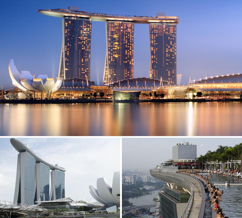 1. Marina Bay Sands. Design tego singapurskiego hotelu, położonego za brzegu zatoki Marina Bay, został zaprojektowany przez mistrzów feng-shui. Na trzech 55-piętrowych basztach, o wysokości ponad 200 metrów każda, znajduje się taras w kształcie gondoli z 