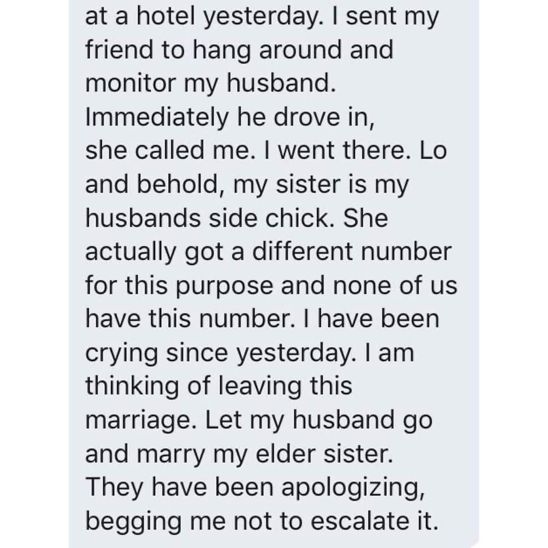 Woman traces cheating husband to hotel only to realise her elder sister is his side chick