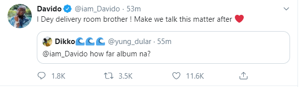 Davido tweets about being in the delivery room and leaves many wondering if Chioma is about to deliver their first child together. [Twitter/iam_Davido]