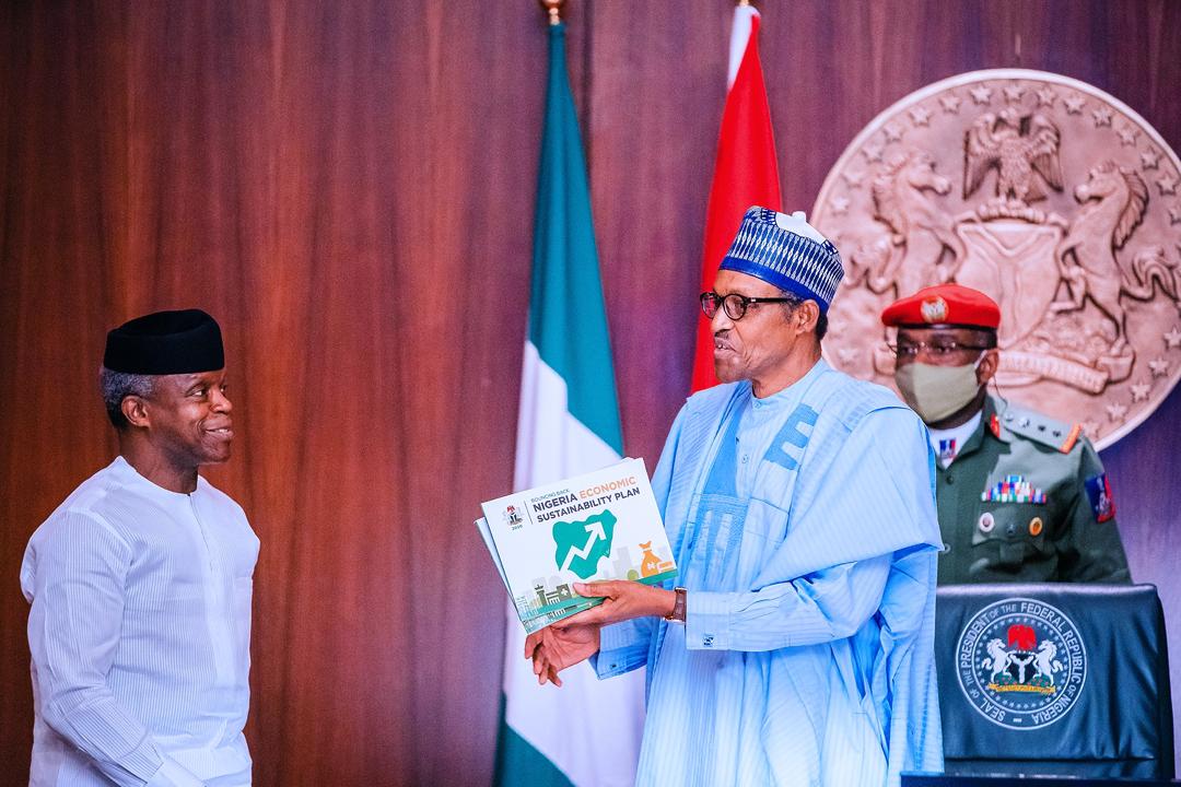 The Osinbajo-led committee told President Buhari (right) that suspending camp exercises and directly deploying corps members would ensure there is no backlog in the national service placement pipeline [Presidency]