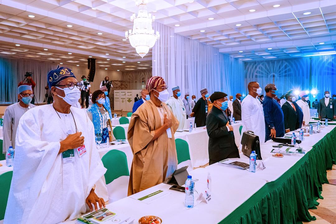 From L-R: Information minister Lai Mohammed, Interior Minister Rauf Aregbesola, Labour Minister Chris Ngige and Minister of State for Labour Festus Keyamo at the ministerial review retreat on Sept 8, 2020 (Tolani Alli) 