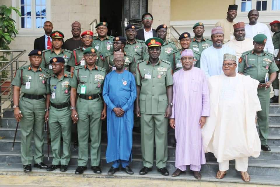 Chief of Army Staff, Lt.-Gen. Tukur Buratai seeks the collaboration of the Chairman of the North East Development Commission (NEDC), retired Maj.-Gen. Paul Tarfa in fight against terrorism in the country [Twitter/@HQNigerianArmy][Twitter/@HQNigerianArmy]