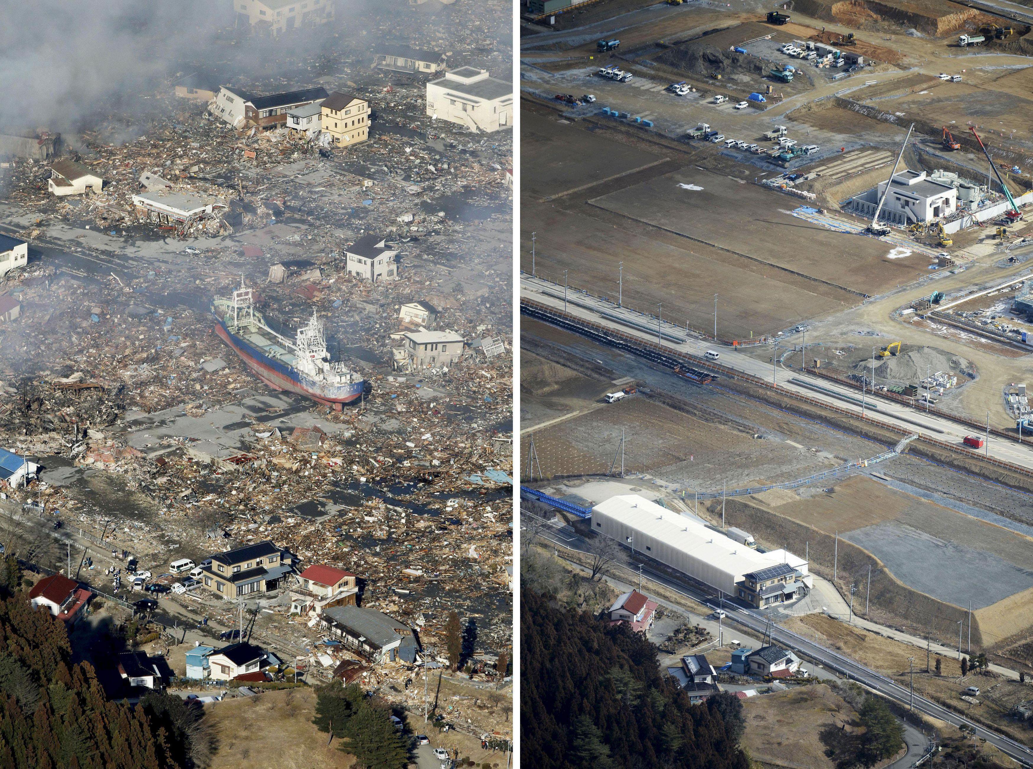 The tsunami-devastated Kesennuma city in Miyagi prefecture, is seen in this combination picture.