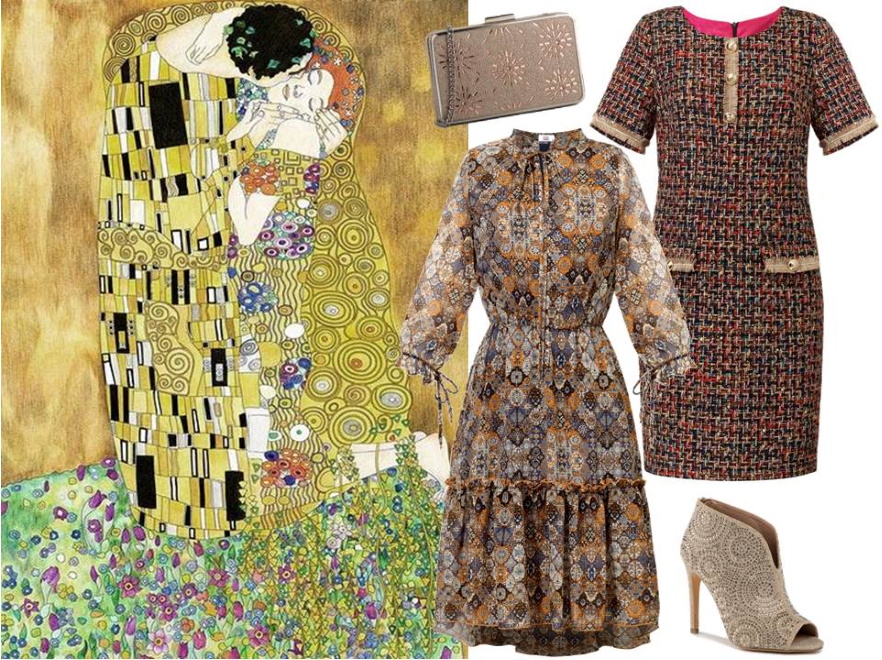 3. Złoty pocałunek w stylu Gustava Klimta Gustav Klimt to austriacki malarz i grafik a jego najsłynniejsze dzieło to właśnie „Pocałunek”. Inspiracja w postaci złotych akcentów, ciepłych barw i geometrycznych wzorów to idealna propozycja na jesień dla tych, które chcą mieć pewność, że ich stylizacje będą mocno osadzone w tegorocznych trendach.
