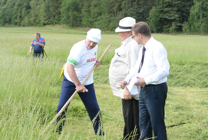 Aleksandr Łukaszenka i Gerard Depardieu przy koszeniu trawy / fot. serwis prasowy prezydenta Białorusi