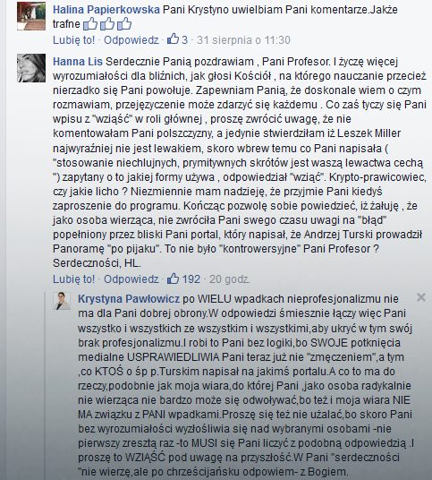 Komentarz Hanny Lis na profilu prof. Pawłowicz