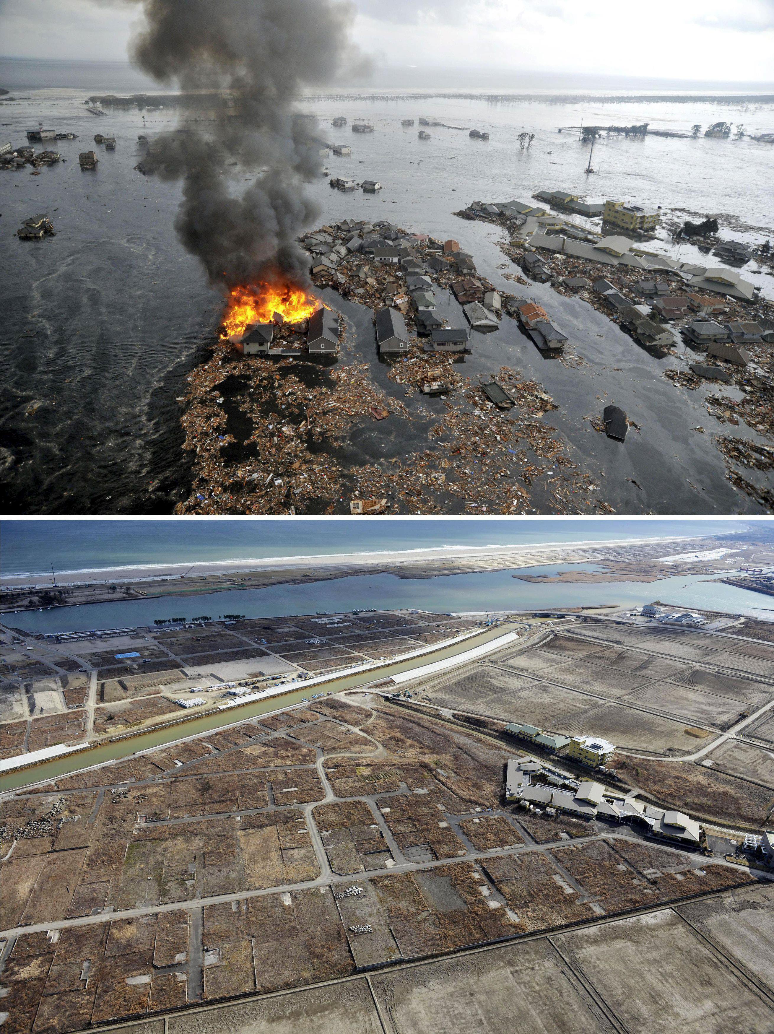 The tsunami-devastated Natori city in Miyagi prefecture is seen in these images in this combination 