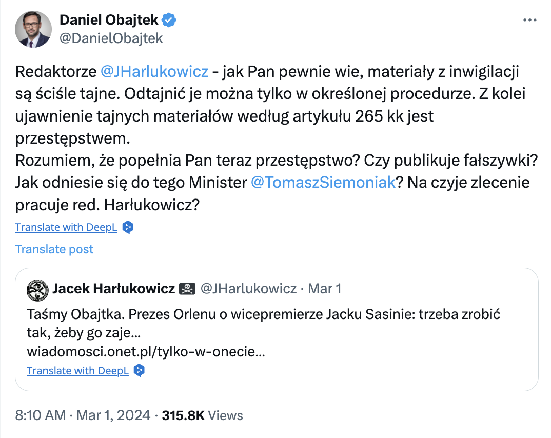 Tweet Daniela Obajtka z 1 marca 2024 r.