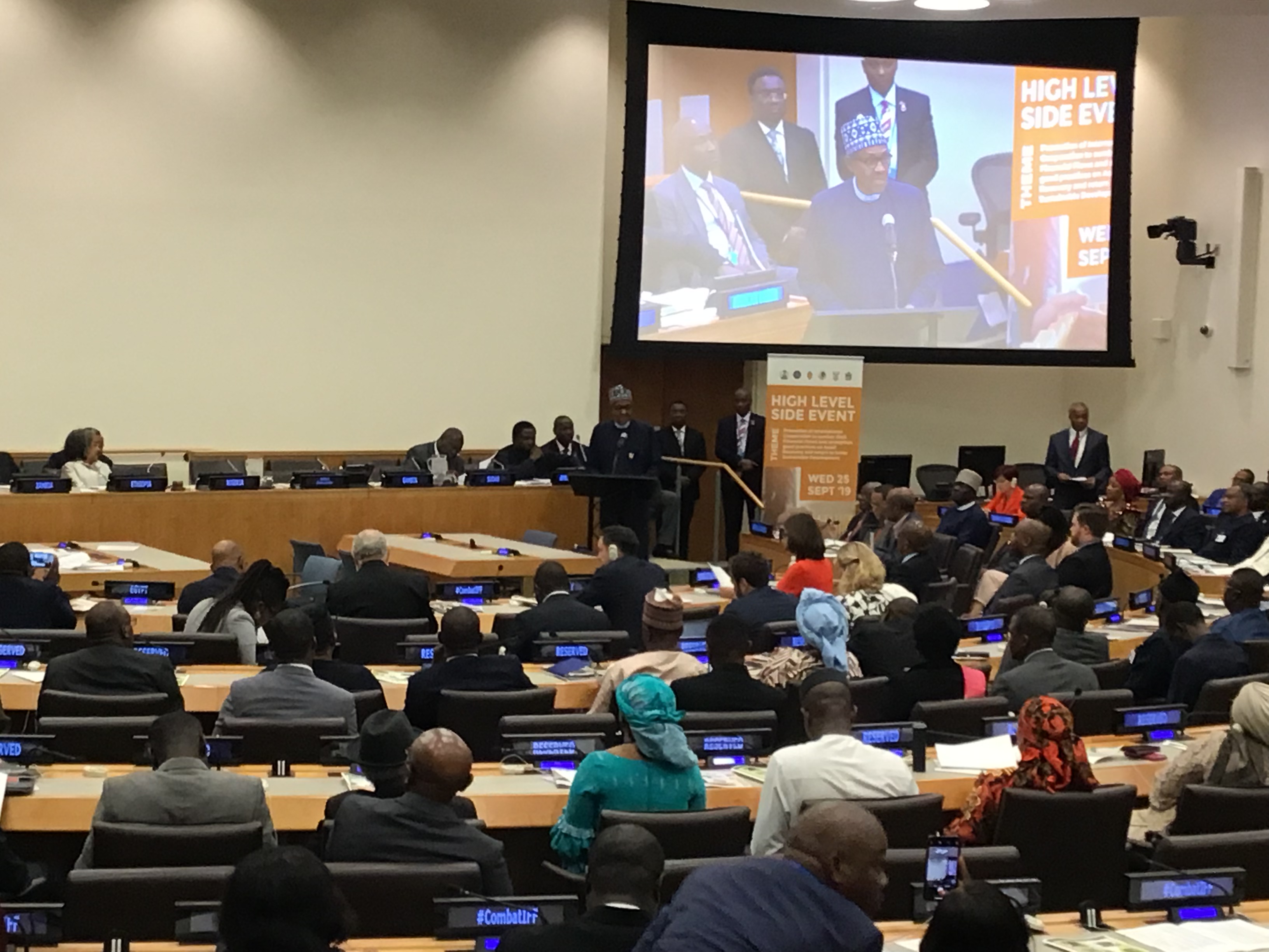 President Buhari speaking at the high-level event on Illicit Financial Flows (IFFs) held on the sidelines of the ongoing 74th United Nations General Assembly in New York.  [NAN]