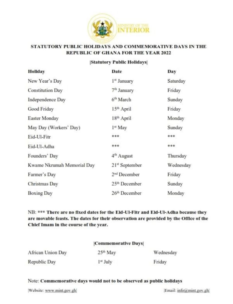 Here are all the public holidays sanctioned by Interior Ministry for 2022