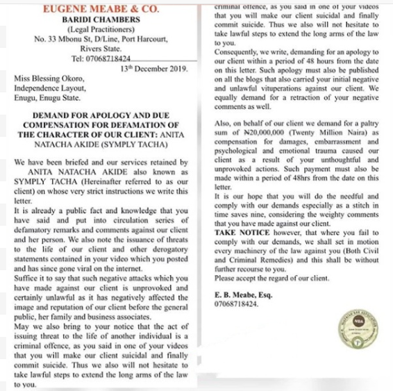 The letter of the suit was shared on Linda Ikeji's blog on Tuesday, December 17, 2019. According to her lawyers, Eugene Meabe and Co of Baridi Chambers, who filed the lawsuit on her behalf on Friday, December 13, 2019, Blessing Okoro was instructed to apologise to Tacha. [LindaIkeji]