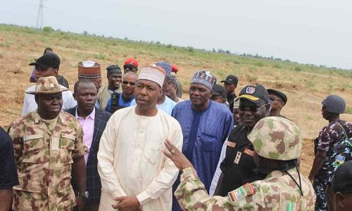 Borno State Governor, Babagana Zulum (middle) addressing soldiers in Maiduguri when his convoy was attacked in July.  (TheNigerian Voice)