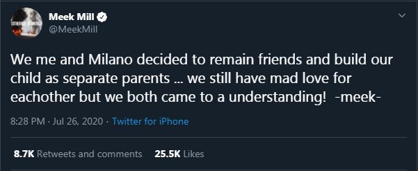 The rapper says they will be raising their child together but as separate parents. [Twitter/MeekMill]