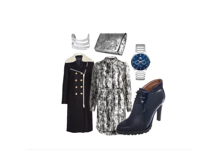 Płaszcz Rag&Bone; sukienka River Island; kopertówka Joanna Kruczek, www.joannakruczek.pl; buty Nessi, www.nessi.com.pl; bransoletka Venis, www.venis.pl; zegarek Danish Design, classicwatch.com.pl