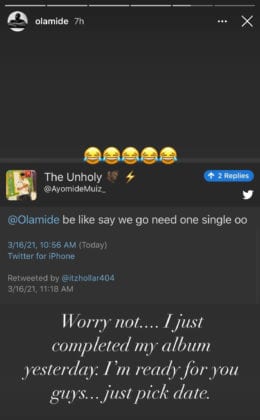 'I just completed my album yesterday,' says Olamide. (Instagram/Olamide)