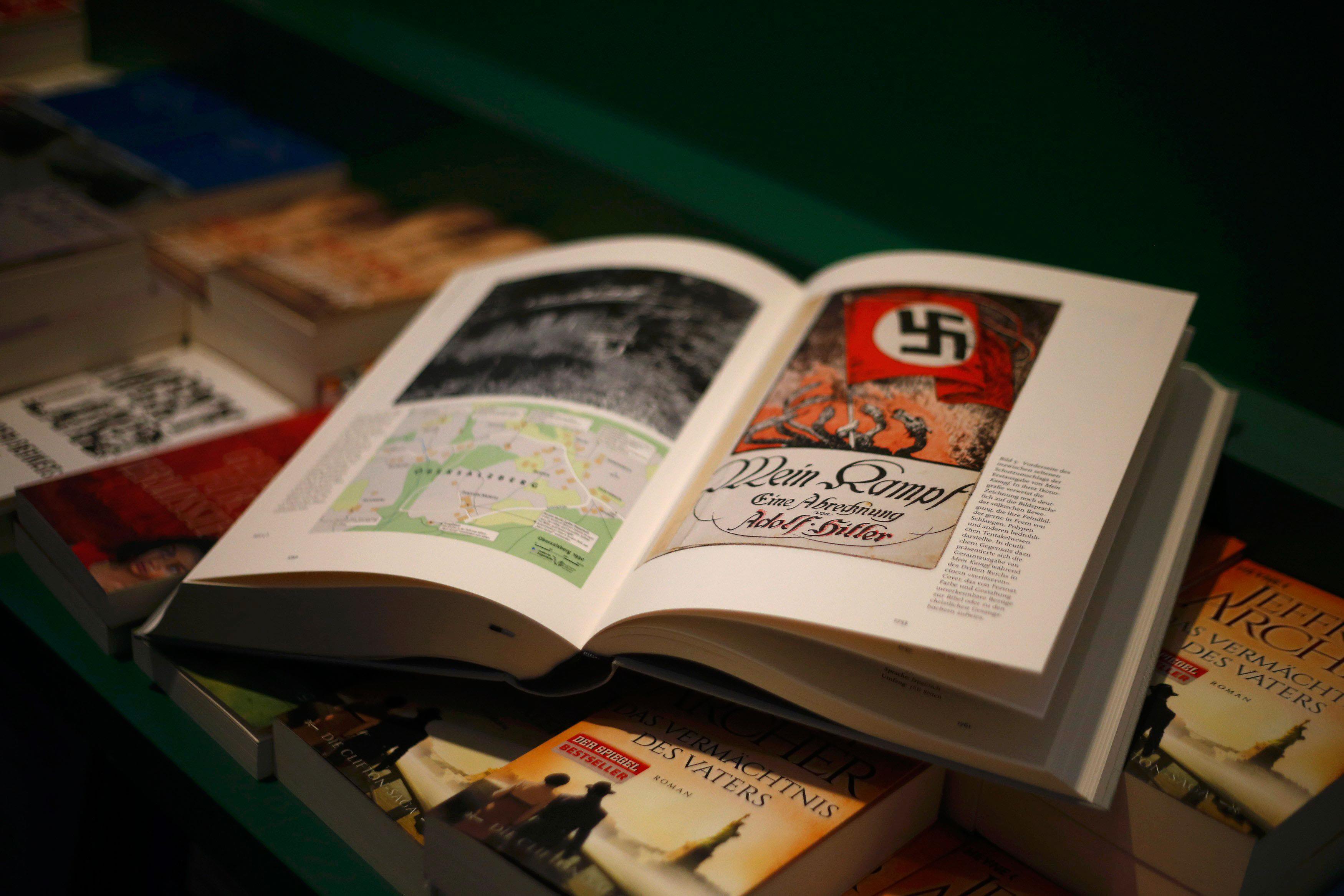 A copy of the book 'Hitler, Mein Kampf. A Critical Edition' lies on a display table in a bookshop in
