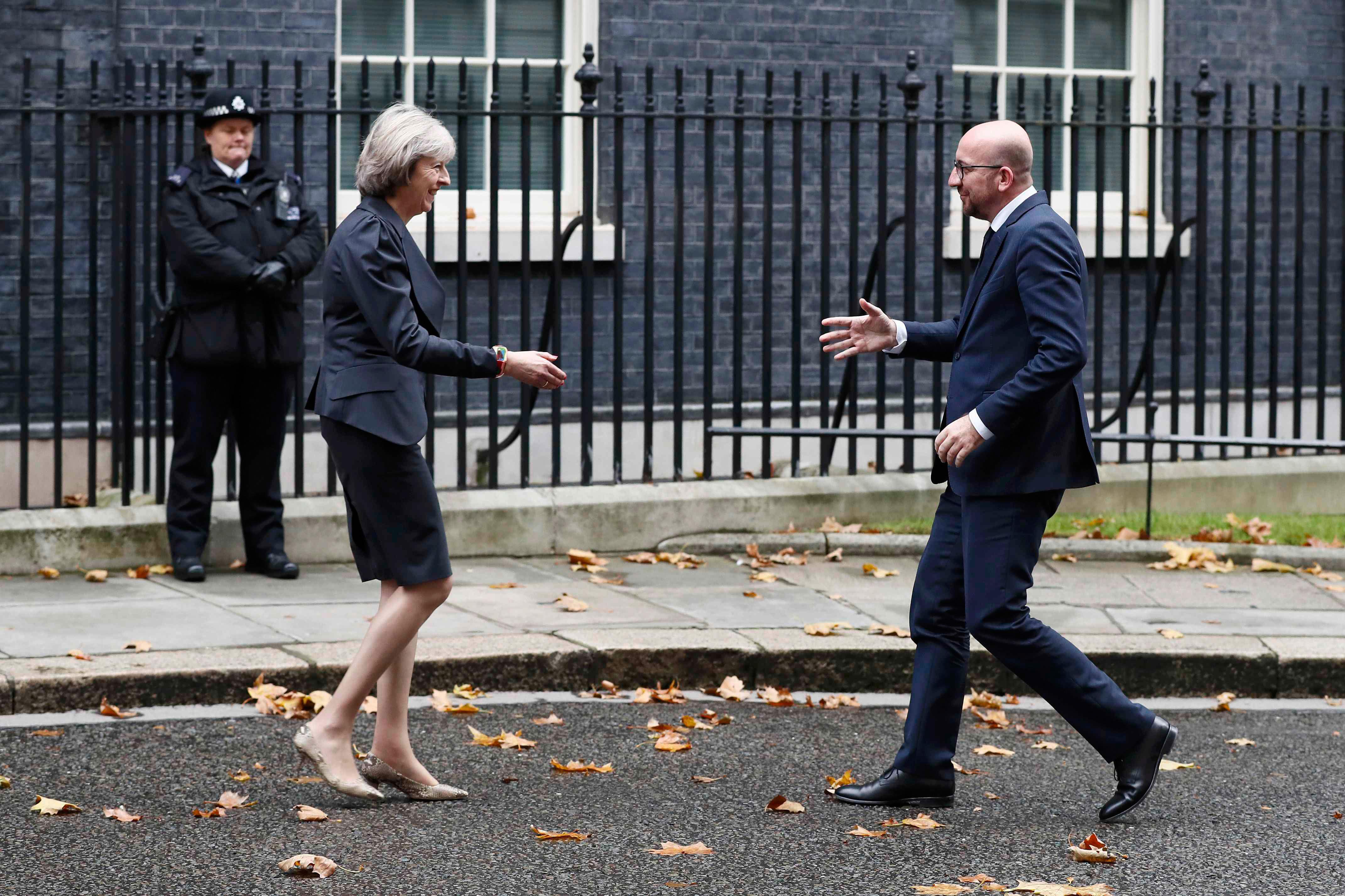 Britain's Prime Minister May greets Belgian Prime Minister Michel at Downing Street in London