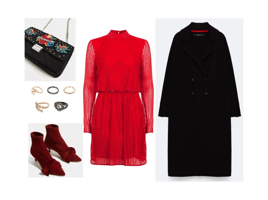 Płaszcz: Zara; sukienka: Topshop; torebka: Zara; buty: Zara, pierścionki: River Island