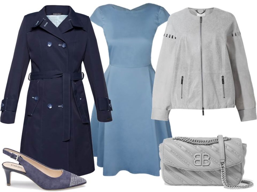STYLIZACJE w kolorach nieba: płaszcz-Dziekański/dziekanski.pl, sukienka-More Moi/moremoi.pl, kurtka-Boca/boca.pl, buty-Caprice/caprice.pl, torebka-TK Maxx
