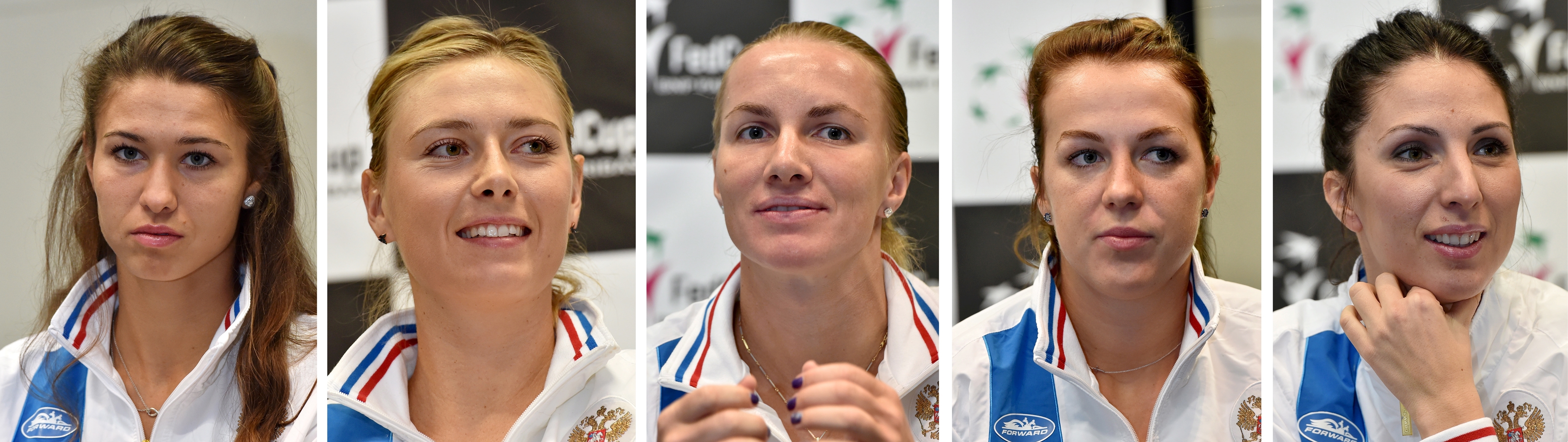 Rosyjskie tenisistki - od lewej: Witalia Diaczenko, Maria Szarapowa, Swietłana Kuzniecowa, Anastazja Pawliuczenkowa i kapitan drużyny Anastazja Myszkina podczas konferencji prasowej w Krakowie