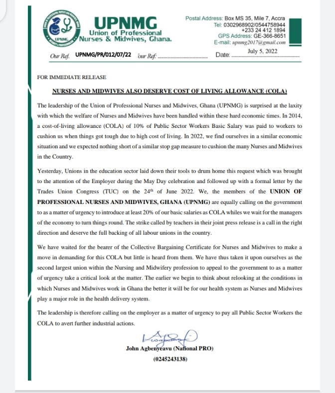 Nurses and midwives also deserve cost of living allowance – UPNMG