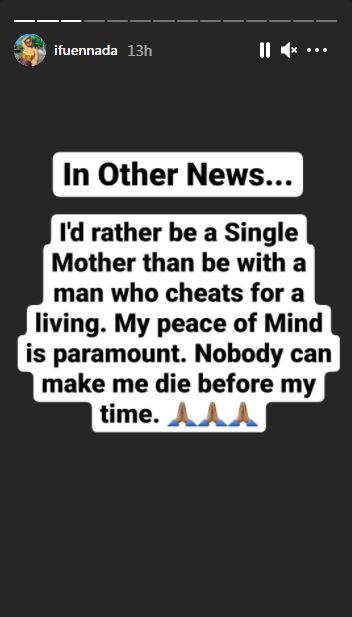 The reality TV star says she is not ready to die before her time because of a cheating partner. [Instagram/Ifuennada]