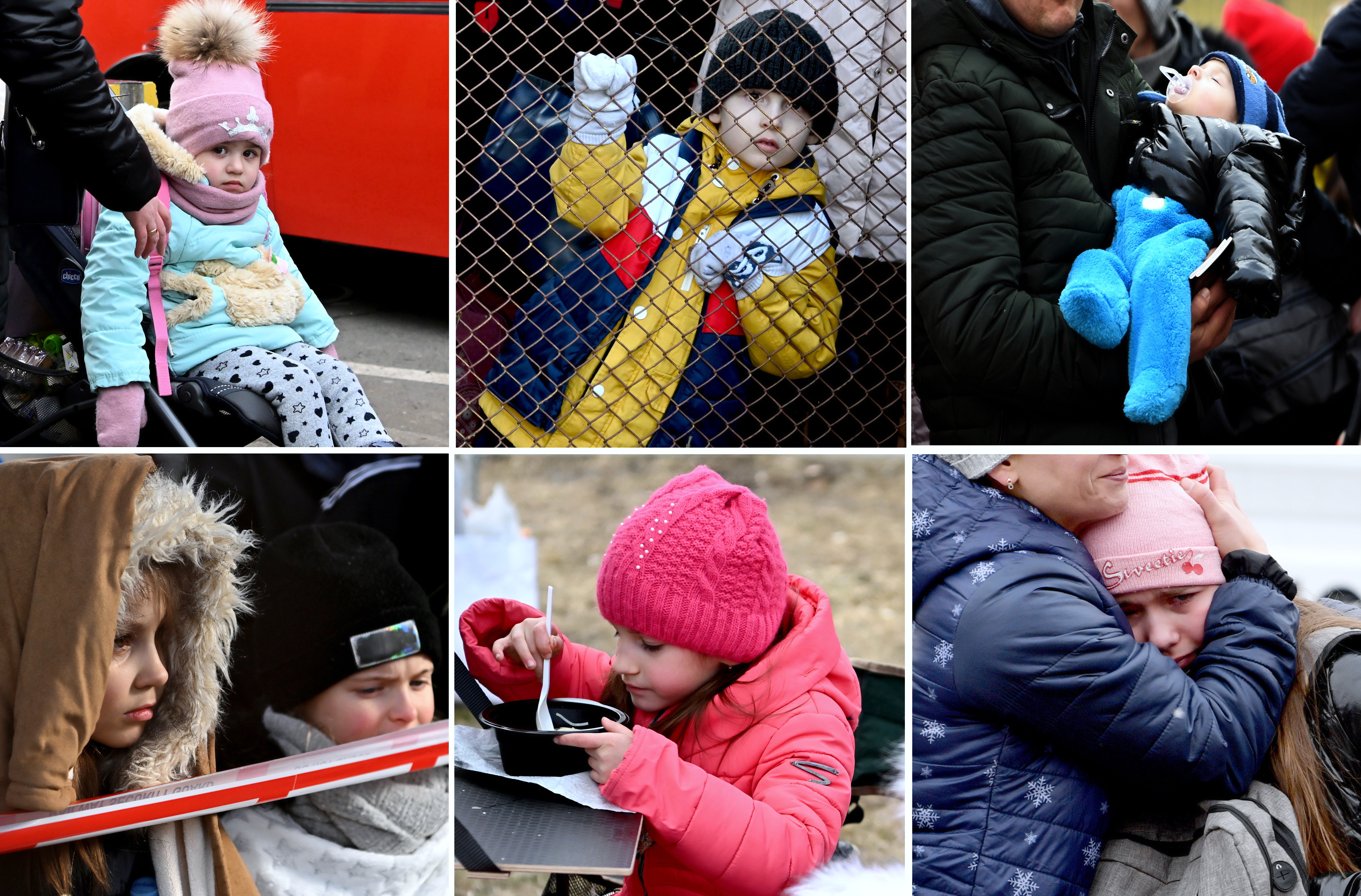 Ucieczka przed wojną. Kolaż ze zdjęć ukraińskich dzieci przekraczających polsko-ukraińskie przejścia graniczne.