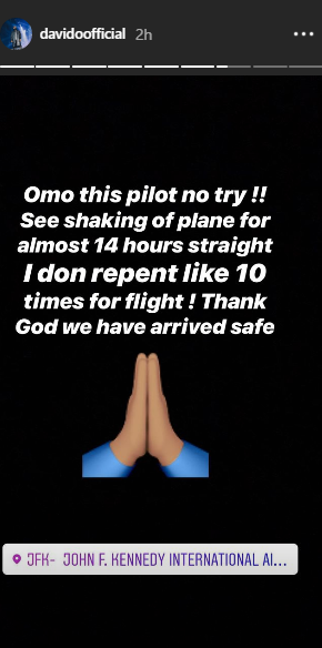 Davido shares about his flight in the US that gave him a big scare