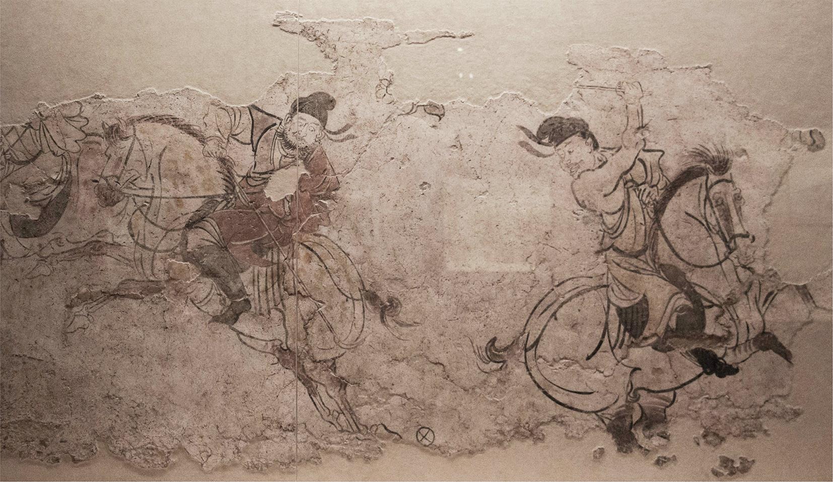 Gra przypominająca dzisiejsze polo przedstawiona na ścianie grobowca na cmentarzu Yanhgai w chińskiej prowincji Sinciang. Nekropolia była wykorzystywana w latach 1260-48 p.n.e.