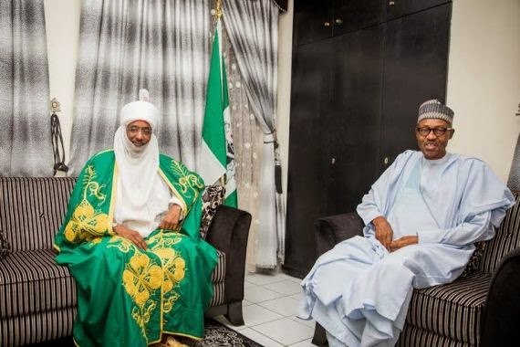 Emir of Kano, Sanusi Lamido Sanusi pays congratulatory visit to President-elect, Muhammadu Buhari on April 21, 2015. 