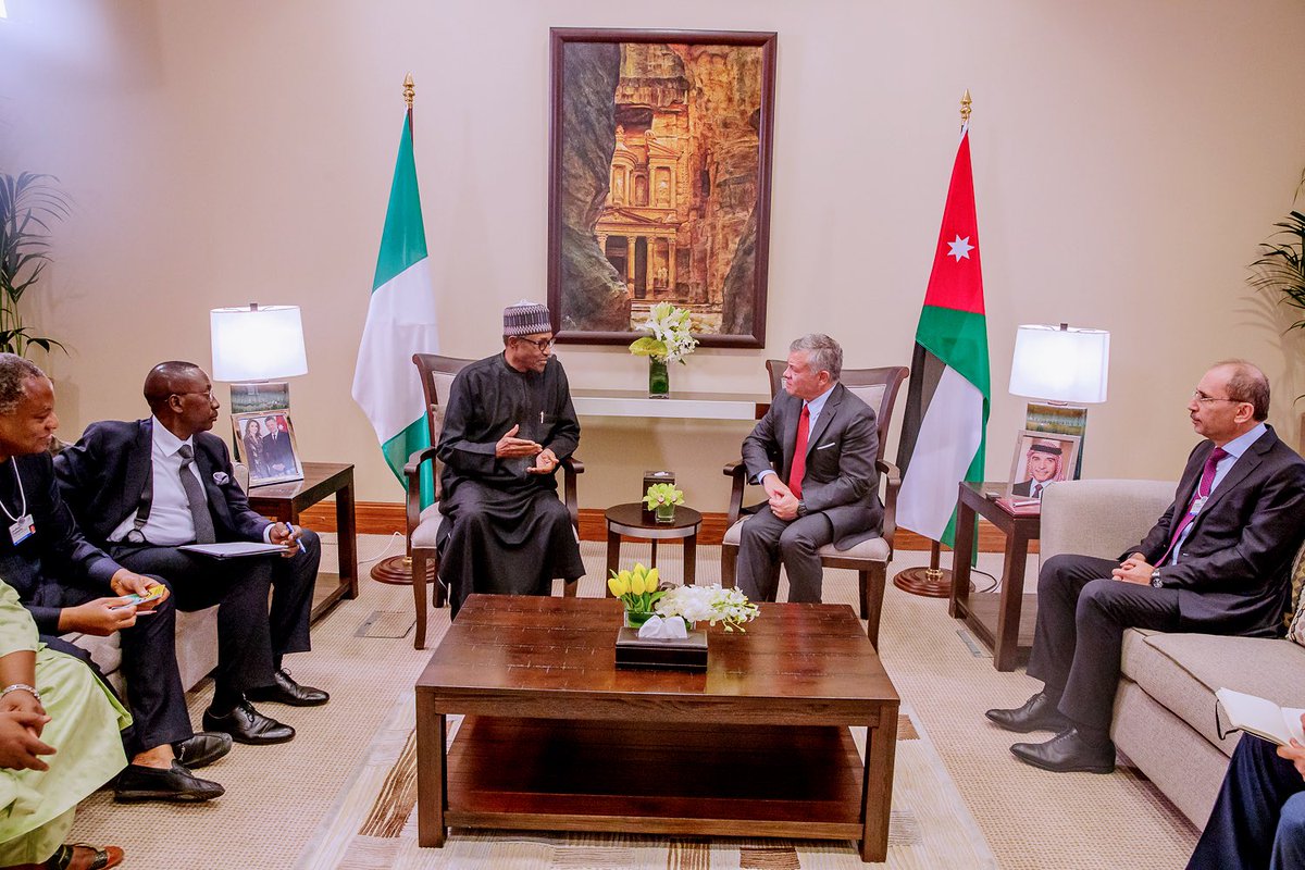 President Buhari holds a bilateral meeting with King of Jordan, King Abdullahi II bin Al-Hussein on the sideline of the World Economic Forum on the Middle East and North Africa in Amman, Jordan (Twitter @CovenantBuhari)