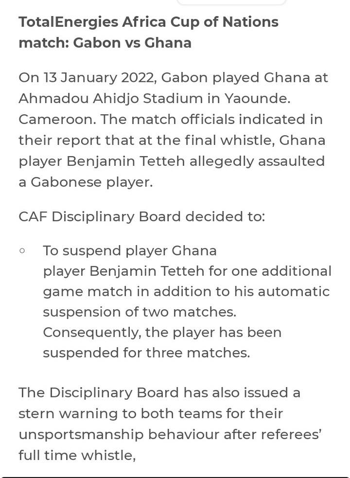 AFCON 2021: Black Stars player Benjamin Tetteh gets three match ban