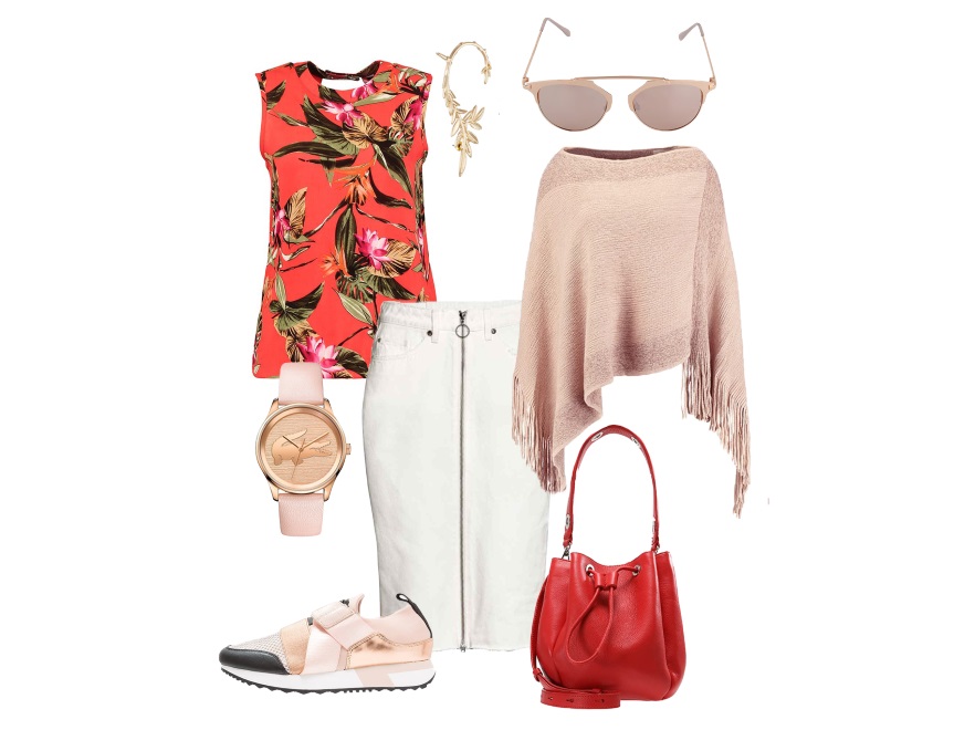 Ponczo – Cream 189 zł, bluzka – Dorothy Perkins 129 zł, zegarek – Lacoste 855 zł, spódnica – HM 129,90 zł, nausznica – Top Shop 64 zł, torba – Zign 339 zł, okulary – Aldo 59 zł, buty – River Island 209 zł.
