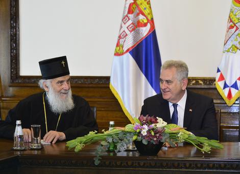 Patrijarh Irinej i Tomislav Nikolić tokom današnjeg sastanka o radovima na obnovi Hrama Svetog Save