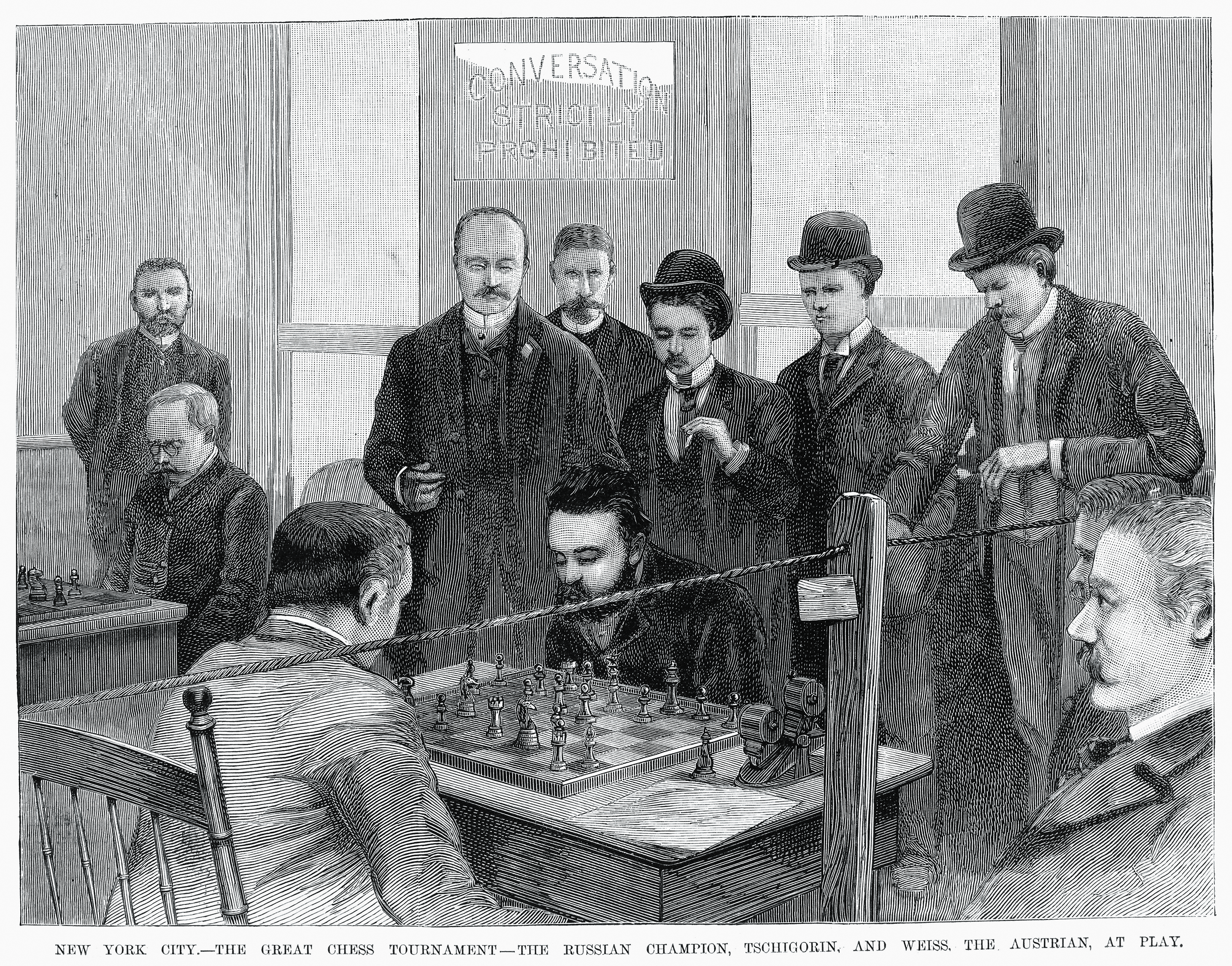 Wielki turniej szachowy pomiędzy Michaiłem Czigorinem (widać twarz) i Maxem Weissem w 1889 roku w Nowym Jorku. Drzeworyt na podstawie fotografii J.W. Baara