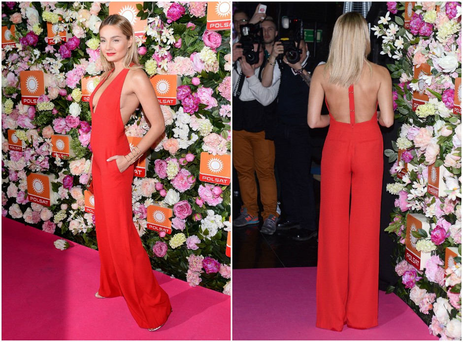 Małgorzata Socha w kombinezonie La Mania na ramówce Polsat Vumag