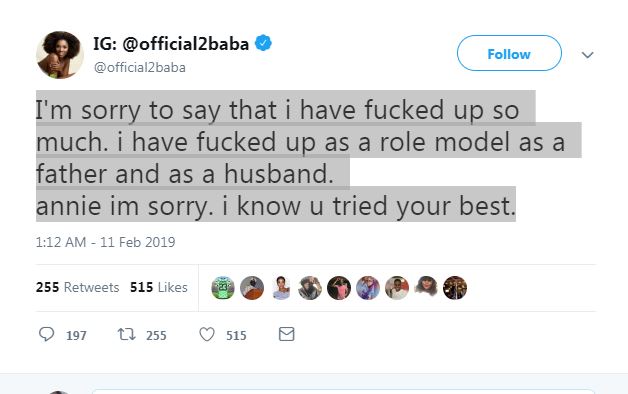 2face idibia sends apology tweet to his wife [Twitter/Offcial2Baba]