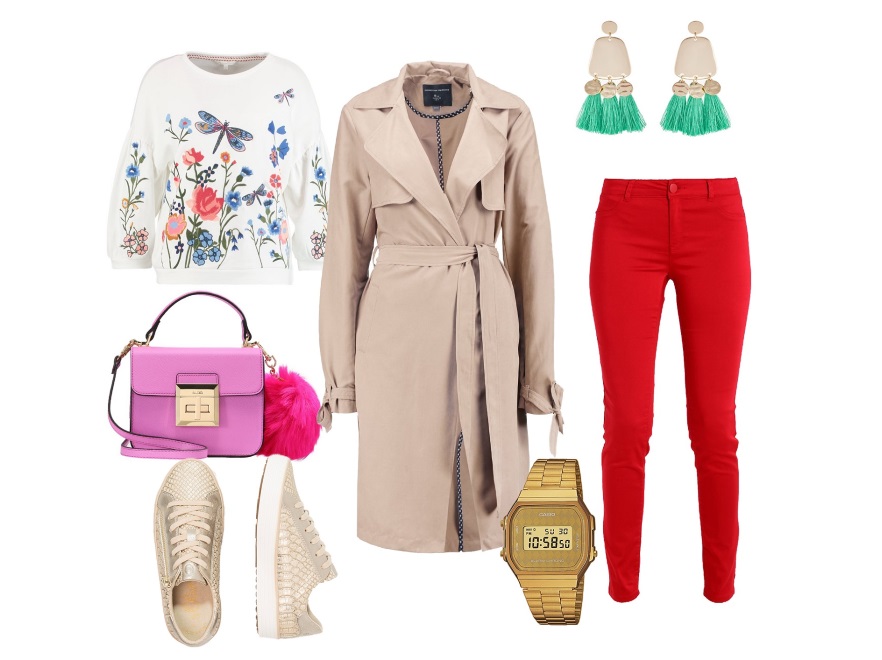 Trencz – Dorothy Perkins 249 zł, bluza – Tom Tailor 209 zł, zegarek – Casio RETRO 235 zł, torebka – Aldo 249 zł, spodnie -Naf Naf 169 zł, buty – s.Olivier 179 zł, kolczyki – Top Shop 69 zł.