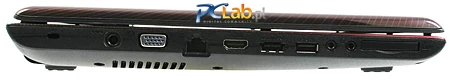 Lewa strona: ExpressCard, złącza audio, USB, USB/eSATA, HDMI, LAN, D-sub, zasilanie