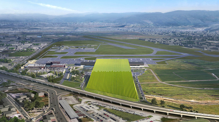 A firenzei repülőtér új termináljának a tetejére egy 7,7 hektáros szőlőültetvényt terveznek / Forrás: vinoly.com