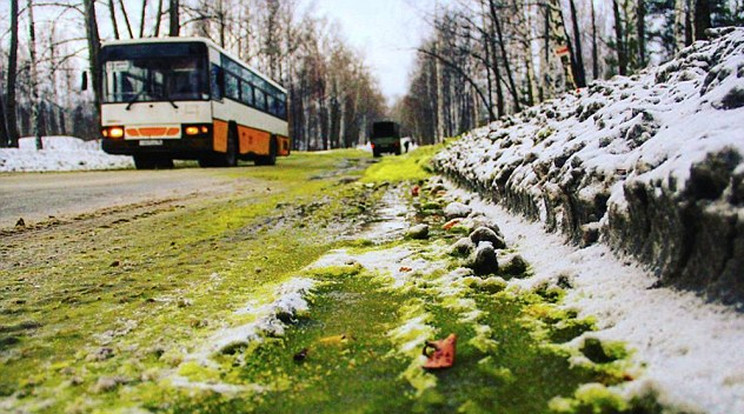 Krómos vízzel szennyezett zöld hó az Uralban található úton