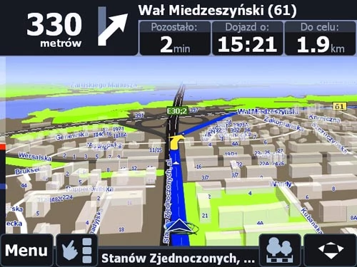 Najnowsze oprogramowanie nawigacyjne nie tylko odwzorowuje siatkę dróg, ale pozwala również na trójwymiarową wizualizację budynków w największych miastach Polski. Na zdjęciu zrzut ekranu z aplikacji Automapa 5.0 na urządzenie PDA