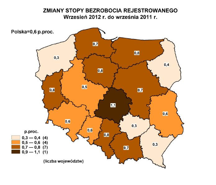 Zmiany stopy bezrobocia rejestrowanego - wrzesień 2012 r. do września 2011 r., źródło: GUS