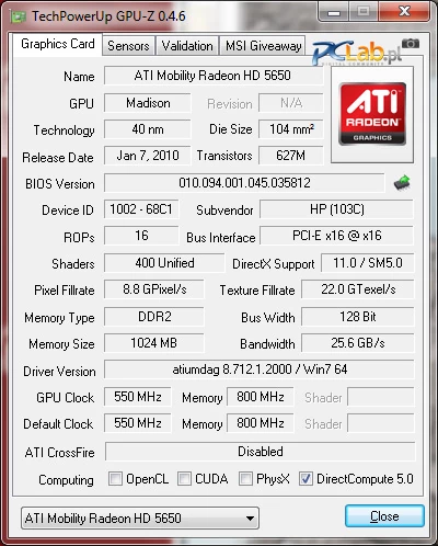 Zainstalowana karta graficzna to całkiem wydajny ATI Mobility Radeon HD 5650